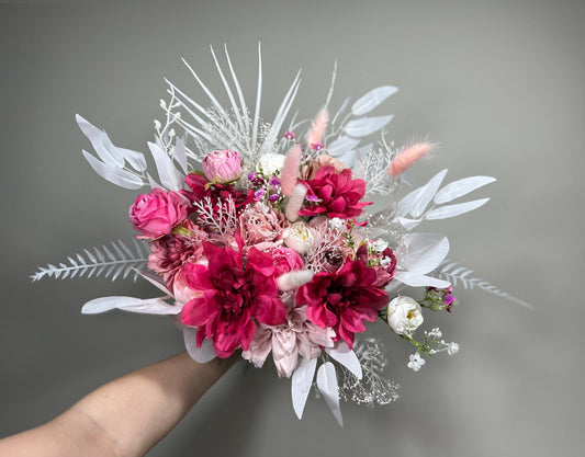 Wedding Bouquet Pink Barbie Bridal Hot Pink Bouquet Barbie Fuchsia Dahlia Viva Magenta Peony Dusty Rose Bunny Tails Artificial Flower Dahlia