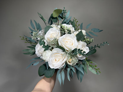 Wedding Bouquet White Bridal Ivory Bouquet Classic Sage Eucalyptus Greenery Bridesmaids Decor Bouquet White Handmade Artificial Flowers