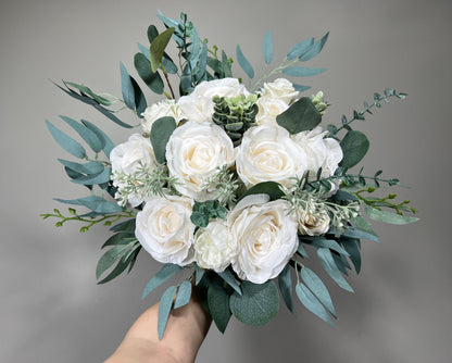 Wedding Bouquet White Bridal Ivory Bouquet Classic Sage Eucalyptus Greenery Bridesmaids Decor Bouquet White Handmade Artificial Flowers