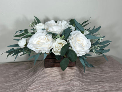 Wedding Centerpiece White Boho Box Wooden Table Decor Ivory Centerpiece Vase Wood Table Ivory Home Decor Sage Eucalyptus Artificial Flower