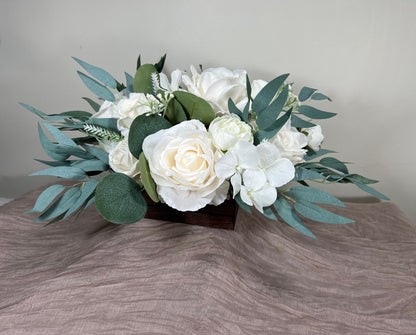 Wedding Centerpiece White Boho Box Wooden Table Decor Ivory Centerpiece Vase Wood Table Ivory Home Decor Sage Eucalyptus Artificial Flower