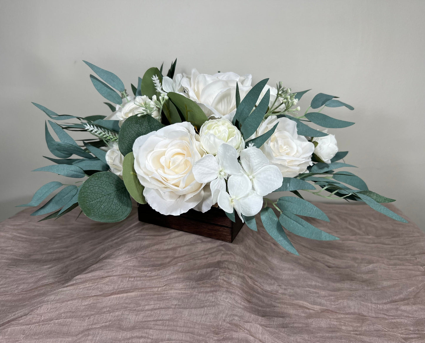 Wedding Centerpiece White Boho Box Wooden Table Decor Ivory Centerpiece Vase Wood Table Ivory Home Decor Sage Eucalyptus Artificial Flower