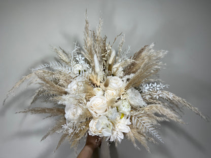 Wedding Bouquet Boho White Bridal Bouquet Pampas Grass Ivory Bridesmaids Decor Palms Leaves White Artificial Flower Dried Dahlia White Rose