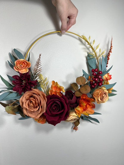 Wedding Hoop Terracotta Bridal Burnt Orange Hoop Burgundy Bridesmaids Ring Rust Wreath Flower Girl Cinnamon Fall Artificial Flower Handmade