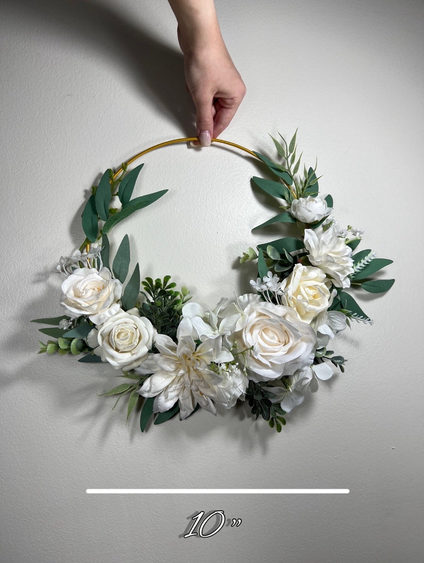 Wedding Hoop White Bridal Ivory Hoop Classic Bridesmaids Ring Wreath Flower Girl Hoop White Eucalyptus Artificial Flower Hydrangea Rose