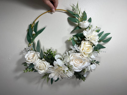 Wedding Hoop White Bridal Ivory Hoop Classic Bridesmaids Ring Wreath Flower Girl Hoop White Eucalyptus Artificial Flower Hydrangea Rose