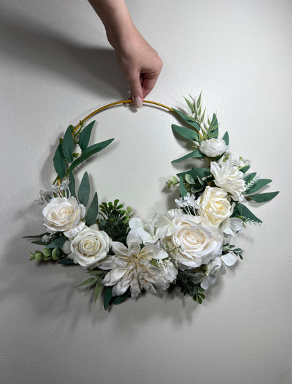 Wedding Hoop White Bridal Ivory Hoop Classic Bridesmaids Ring Wreath Flower Girl Hoop White Eucalyptus Artificial Flower Hydrangea Rose