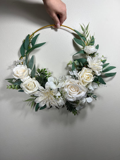 Wedding Hoop White Bridal Ivory Hoop Classic Bridesmaids Ring Wreath Flower Girl Hoop White Eucalyptus Artificial Flower Hydrangea Rose