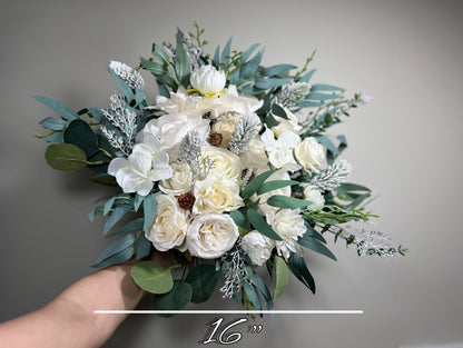 Wedding Bouquet White Winter Christmas Bridal Ivory Rustic Bridesmaids Decor Winter White Christmas Tree Snow Pine Cone Artificial Flower