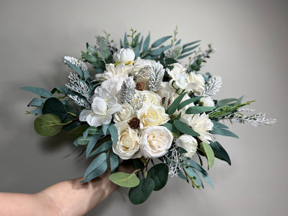 Wedding Bouquet White Winter Christmas Bridal Ivory Rustic Bridesmaids Decor Winter White Christmas Tree Snow Pine Cone Artificial Flower