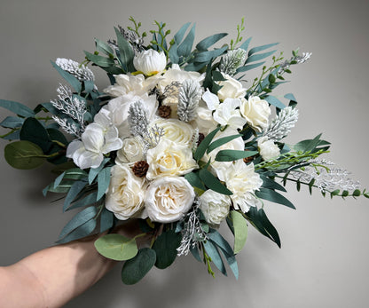 Wedding Bouquet White Winter Christmas Bridal Ivory Rustic Bridesmaids Decor Winter White Christmas Tree Snow Pine Cone Artificial Flower