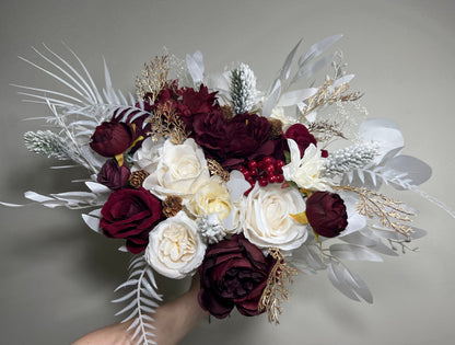 Wedding Bouquet Burgundy Winter Christmas Bridal Ivory Rustic Bridesmaids Decor Gold Christmas Tree Snow Pine Cone Red Berries Artificial