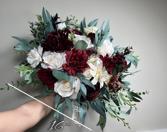 Wedding Bouquet Burgundy Bridal Red Rustic Bouquet Burgundy Bridesmaids White Decor Eucalyptus Dahlia Peony Wedding Baby Breath Rose Ivory