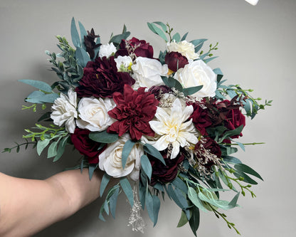 Wedding Bouquet Burgundy Bridal Red Rustic Bouquet Burgundy Bridesmaids White Decor Eucalyptus Dahlia Peony Wedding Baby Breath Rose Ivory