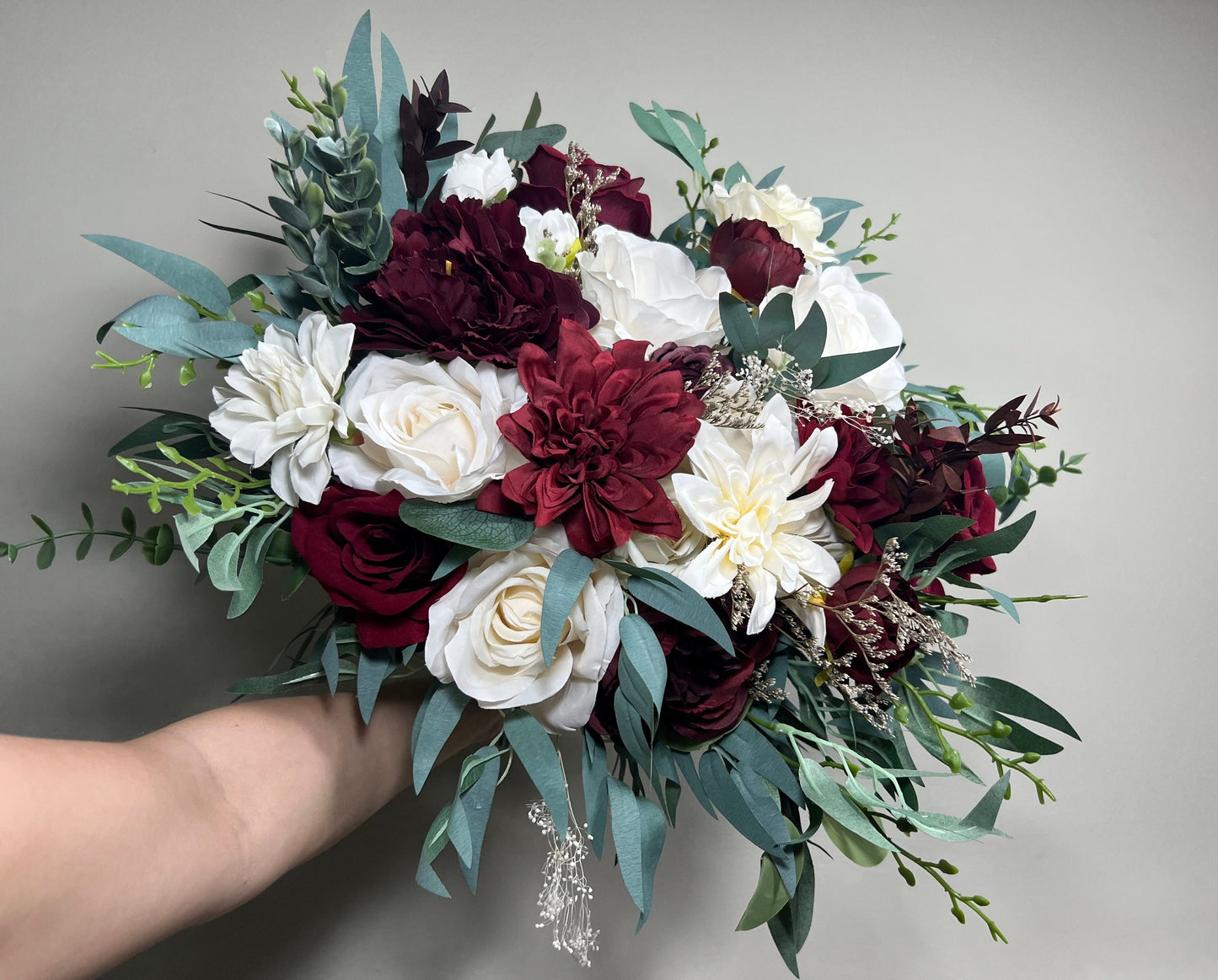 Wedding Bouquet Burgundy Bridal Red Rustic Bouquet Burgundy Bridesmaids White Decor Eucalyptus Dahlia Peony Wedding Baby Breath Rose Ivory