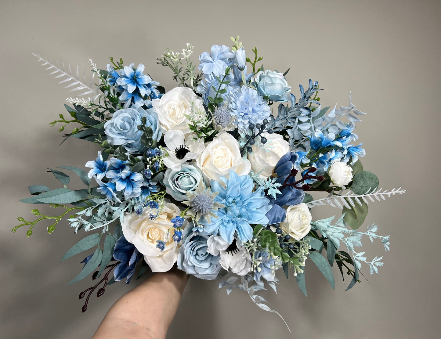 Wedding Bouquet Dusty Blue Bridal Rustic Blue Wedding White Bouquet Anemone Wild Flower Light Blue Winter Eucalyptus Ivory Artificial Flower