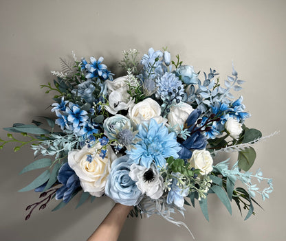 Wedding Bouquet Dusty Blue Bridal Rustic Blue Wedding White Bouquet Anemone Wild Flower Light Blue Winter Eucalyptus Ivory Artificial Flower