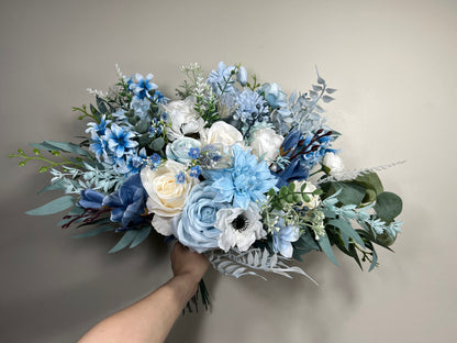 Wedding Bouquet Dusty Blue Bridal Rustic Blue Wedding White Bouquet Anemone Wild Flower Light Blue Winter Eucalyptus Ivory Artificial Flower