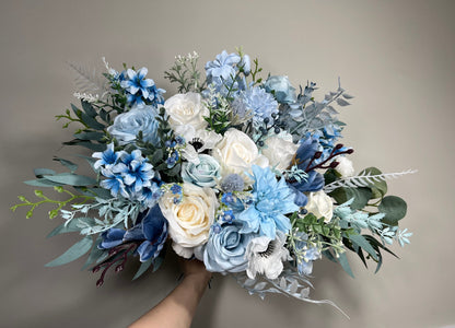 Wedding Bouquet Dusty Blue Bridal Rustic Blue Wedding White Bouquet Anemone Wild Flower Light Blue Winter Eucalyptus Ivory Artificial Flower