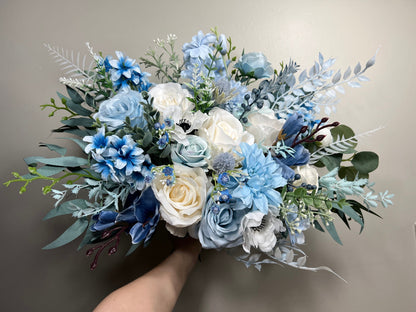 Wedding Bouquet Dusty Blue Bridal Rustic Blue Wedding White Bouquet Anemone Wild Flower Light Blue Winter Eucalyptus Ivory Artificial Flower