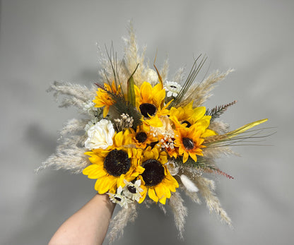 Wedding Bouquet Sunflower Boho Bridal Sunflower Wedding White Fall Decor Ivory Yellow Artificial Flowers Yellow Baby Breath Pampas Grass