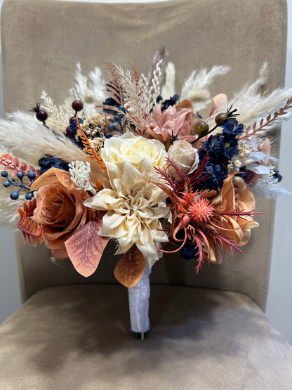 Wedding Bouquet Navy Blue Terracotta Boho Bridal Rust Weddin Burnt Orange Brown Cinnamon Decor Handmade Artificial Flower Pampas Grass Fall