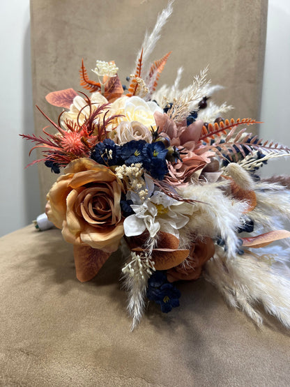 Wedding Bouquet Navy Blue Terracotta Boho Bridal Rust Weddin Burnt Orange Brown Cinnamon Decor Handmade Artificial Flower Pampas Grass Fall