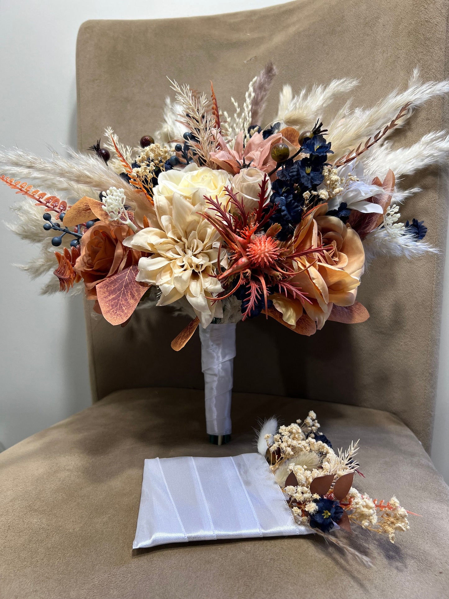 Wedding Bouquet Navy Blue Terracotta Boho Bridal Rust Weddin Burnt Orange Brown Cinnamon Decor Handmade Artificial Flower Pampas Grass Fall