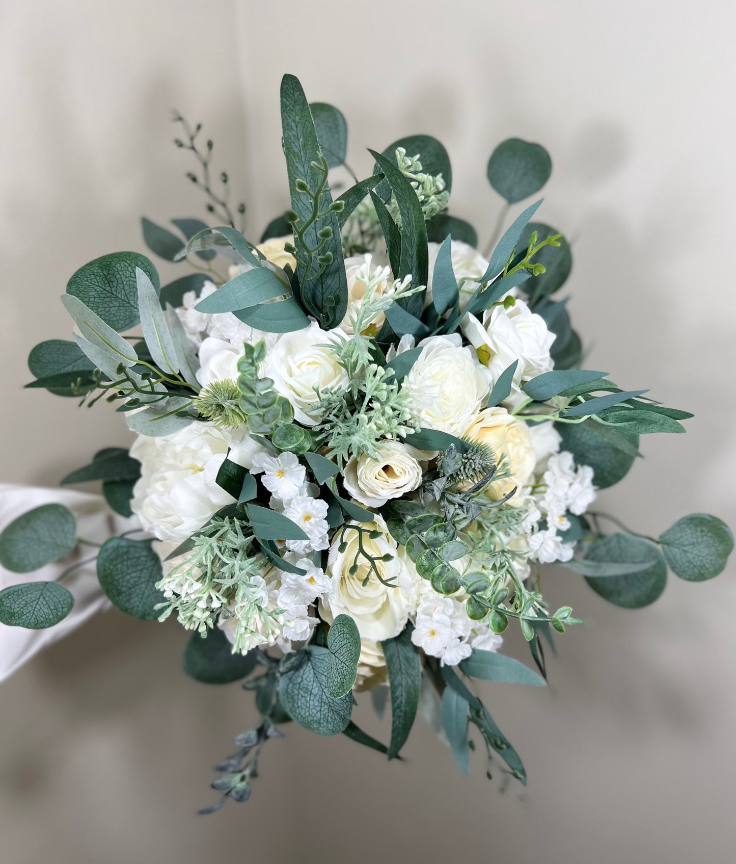 Wedding Bouquet White Bridal Wedding Ivory Rose Peony Bridesmaids Dahlia Decor Eucalyptus Greenery Handmade Artificial Faux Flower Sage