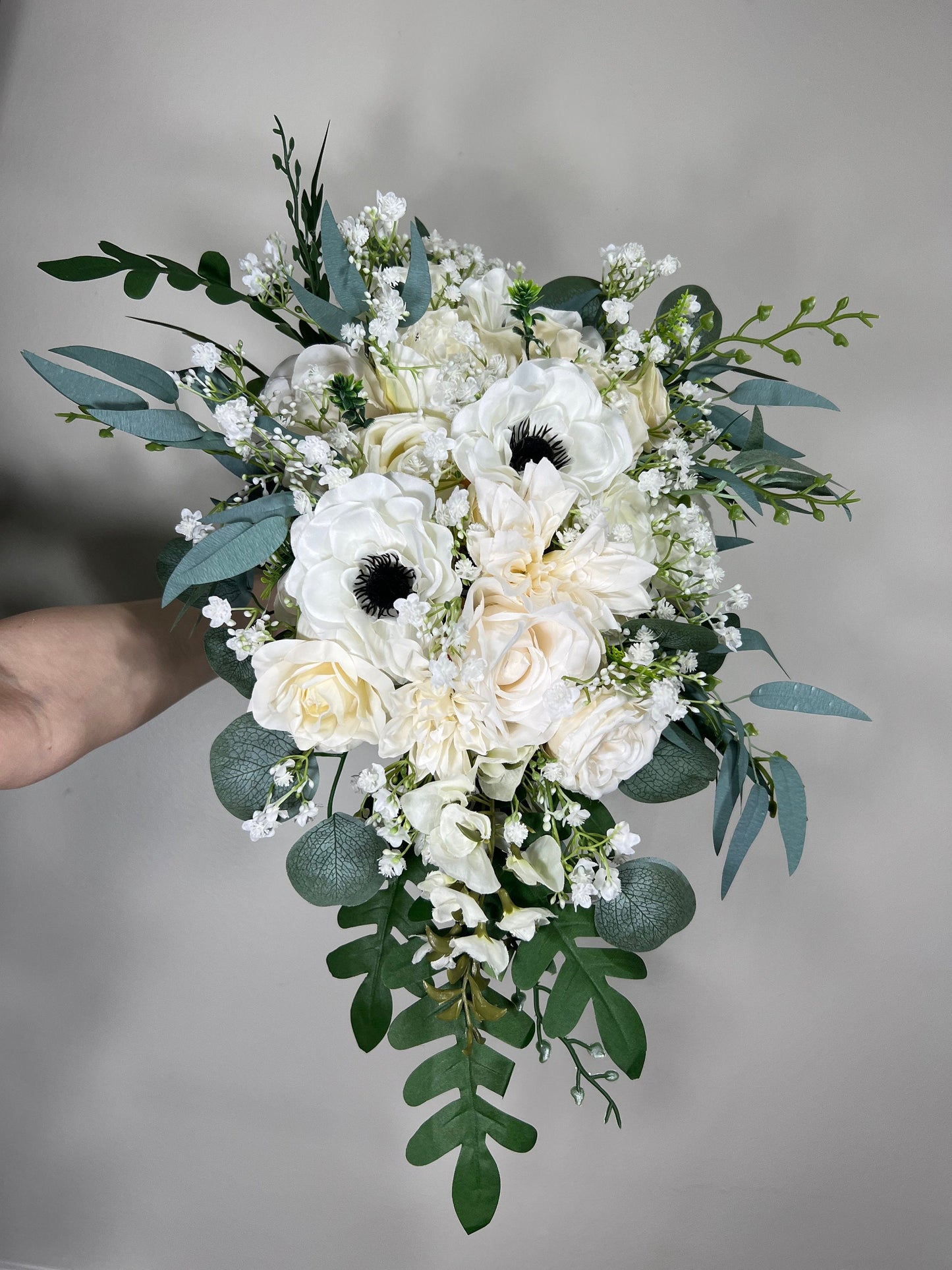 Wedding Cascade Bouquet Anemone White Baby Breath Cascading Bridal Wedding Anemone Bouquet Ivory Sage Classic Eucalyptus Artificial Flower