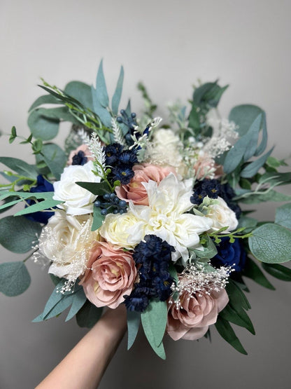 Wedding Bouquet Dusty Rose Navy Blue Bridal Wedding Rustic Bridesmaids Blush Pink Handmade Eucalyptus Artificial Flower Greenery Baby Breath