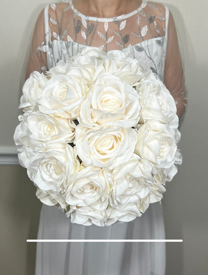 Wedding Bouquet White Bridal Wedding Ivory  Classic Rose Bridesmaids Decor Handmade Artificial Faux Flower White Bouquet Rose Decoration