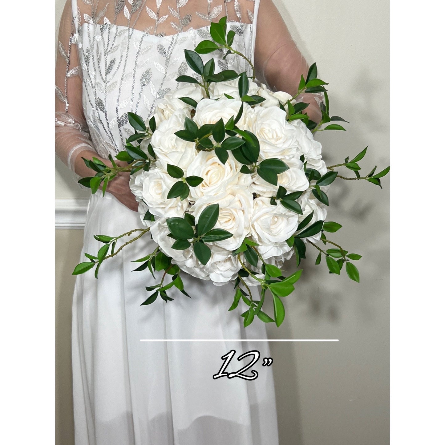 Wedding Bouquet White Bridal Wedding Ivory  Classic Rose Bridesmaids Decor Handmade Artificial Faux Greenery Flower Eucalyptus Decoration