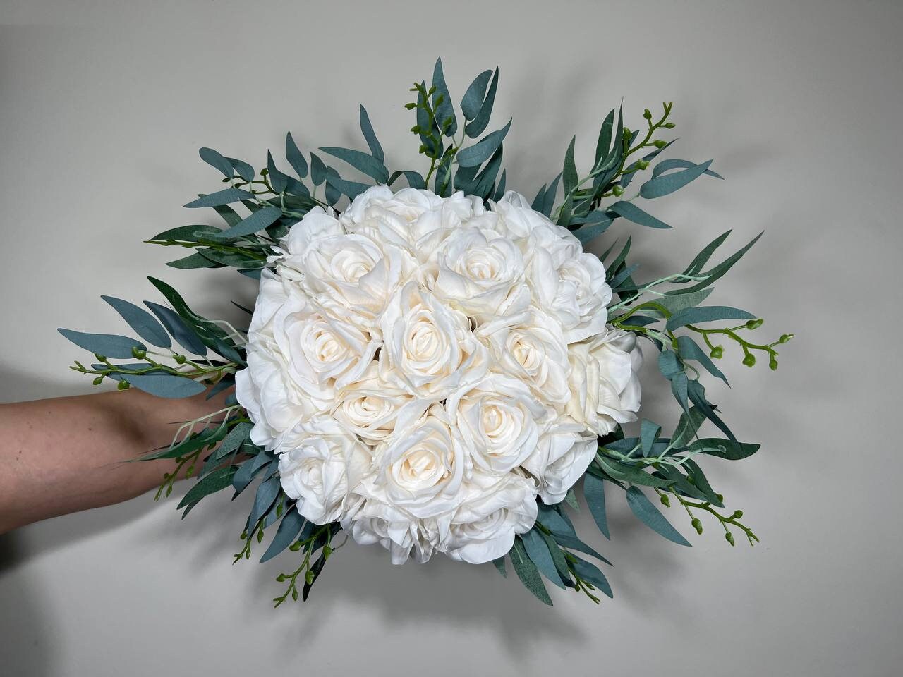 Wedding Bouquet White Bridal Wedding Ivory  Classic Rose Bridesmaids Decor Handmade Artificial Faux Greenery Flower Eucalyptus Decoration