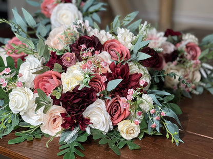 Wedding Bouquet Burgundy Bridal Wedding Rustic Bouquet Dusty Rose Bridesmaids Decor Eucalyptus Handmade Pink Wild Flower Artificial Flower