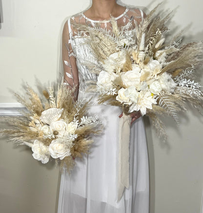 Wedding Bouquet Boho White Bridal Bouquet Pampas Grass Ivory Bridesmaids Decor Palms Leaves White Artificial Flower Dried Dahlia White Rose