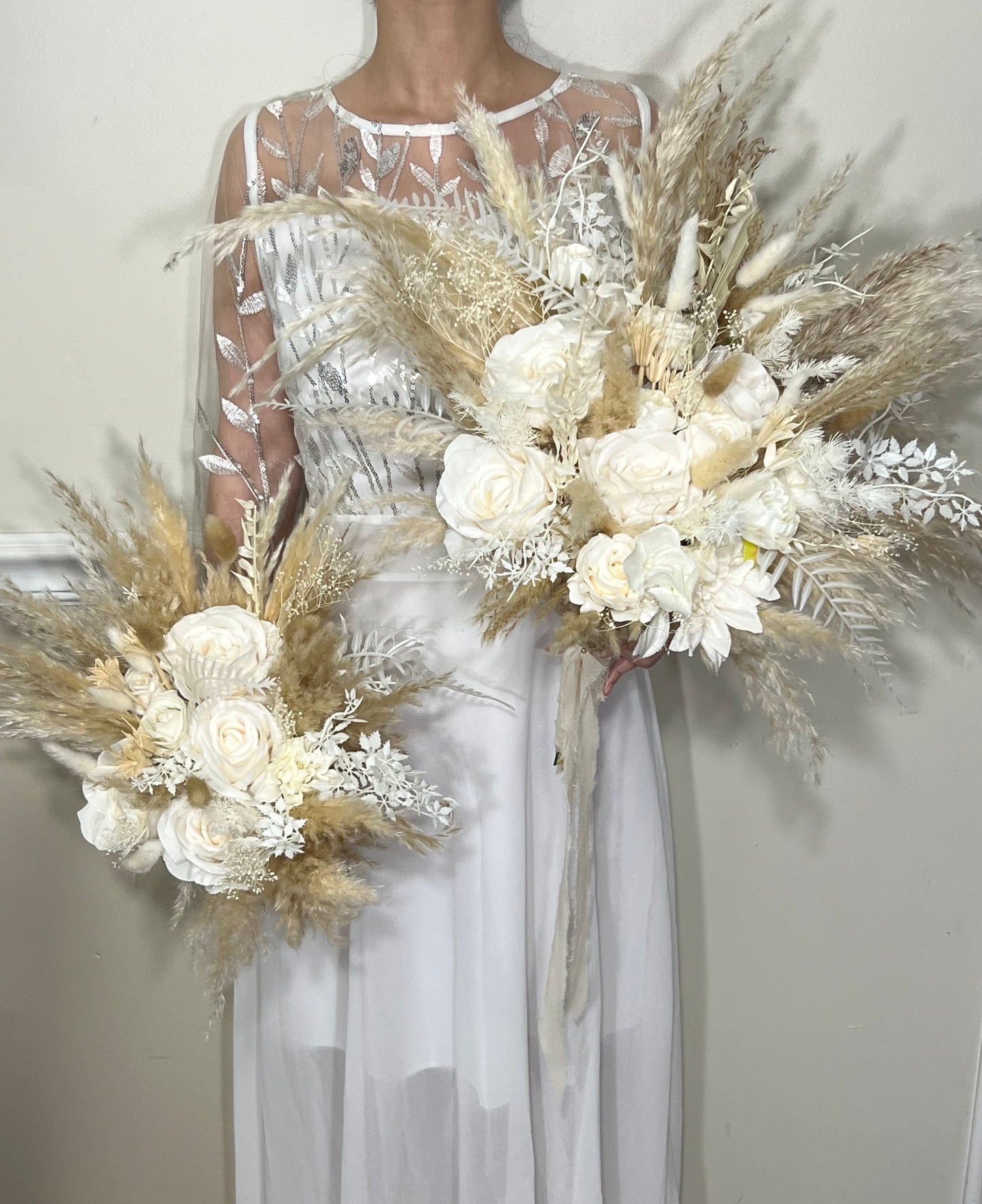 Wedding Bouquet Boho White Bridal Bouquet Pampas Grass Ivory Bridesmaids Decor Palms Leaves White Artificial Flower Dried Dahlia White Rose