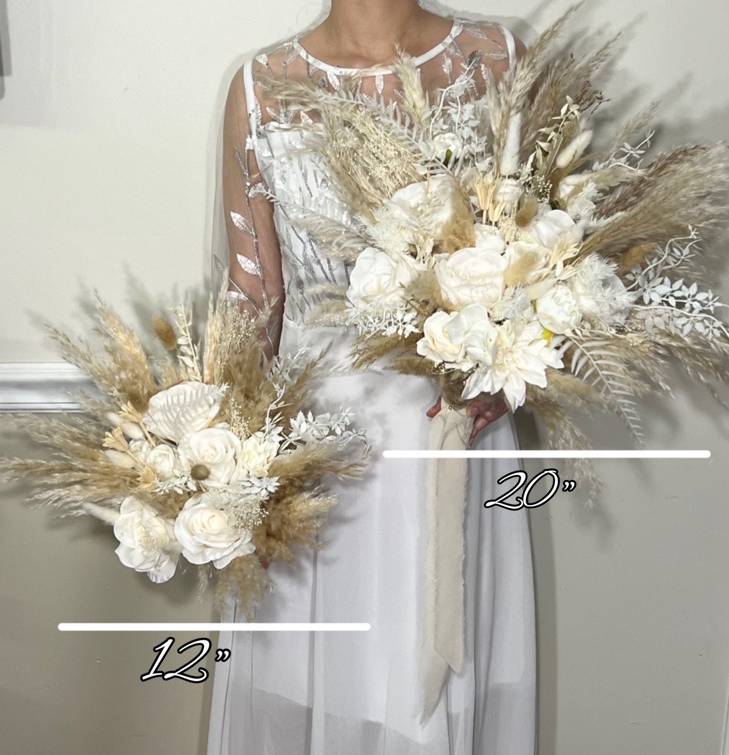 Wedding Bouquet Boho White Bridal Bouquet Pampas Grass Ivory Bridesmaids Decor Palms Leaves White Artificial Flower Dried Dahlia White Rose