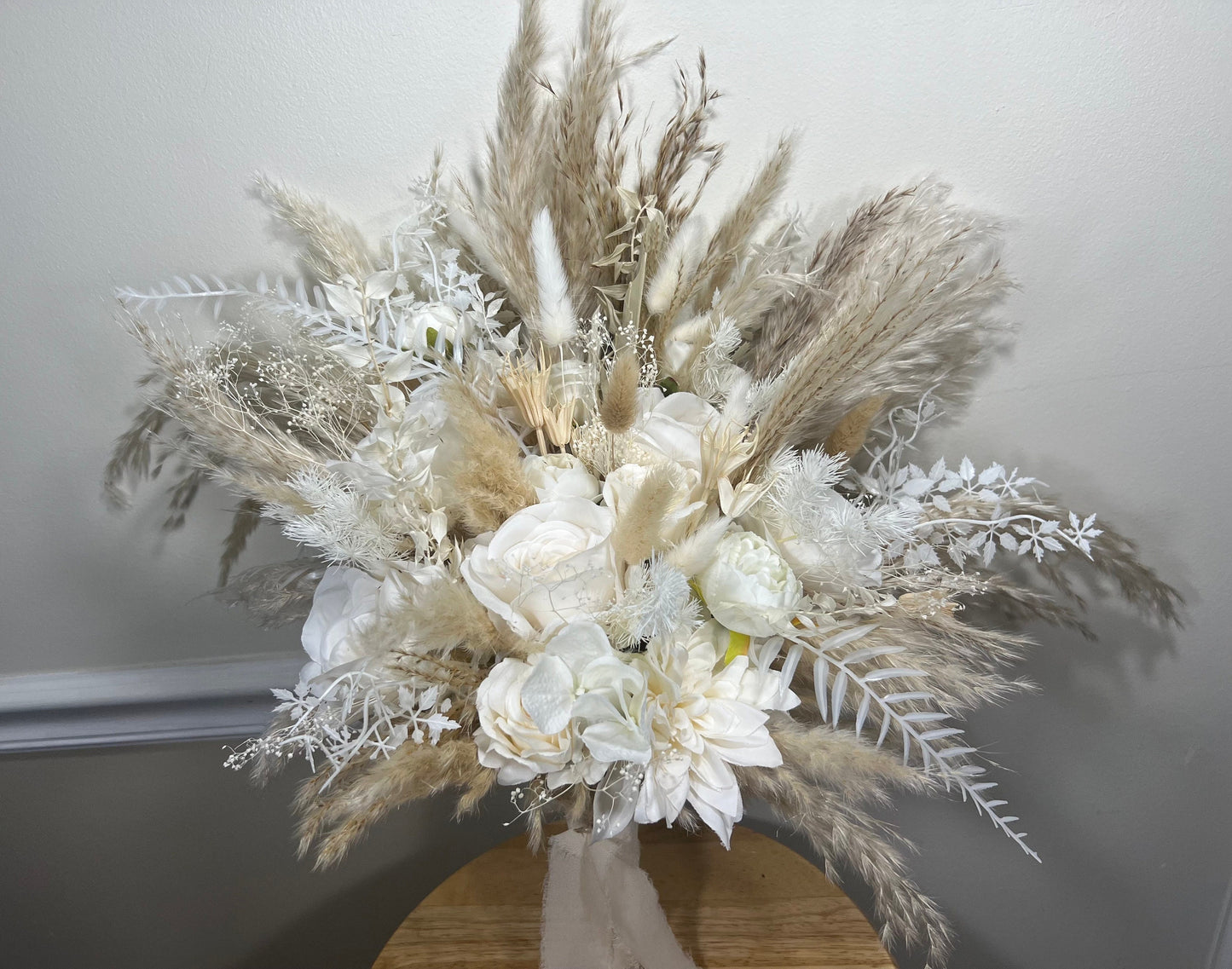 Wedding Bouquet Boho White Bridal Bouquet Pampas Grass Ivory Bridesmaids Decor Palms Leaves White Artificial Flower Dried Dahlia White Rose