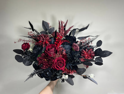 Wedding Bouquet Black Burgundy Bridal Wedding Gothic Gold Halloween Bouquet Black Decor Burgundy Handmade Artificial Flower  Bridesmaids