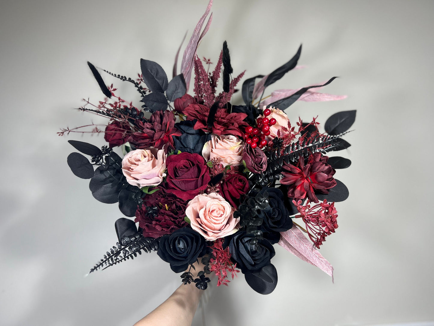 Wedding Bouquet Black Burgundy Gothic Bridal Dusty Rose Halloween Bouquet Black Decor Burgundy Eucalyptus Artificial Flower Bridesmaid