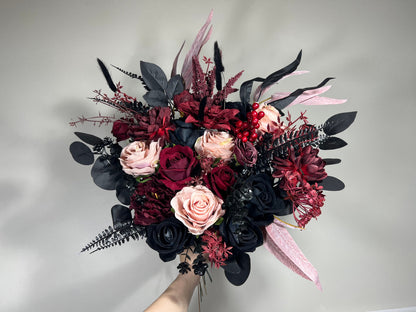 Wedding Bouquet Black Burgundy Gothic Bridal Dusty Rose Halloween Bouquet Black Decor Burgundy Eucalyptus Artificial Flower Bridesmaid