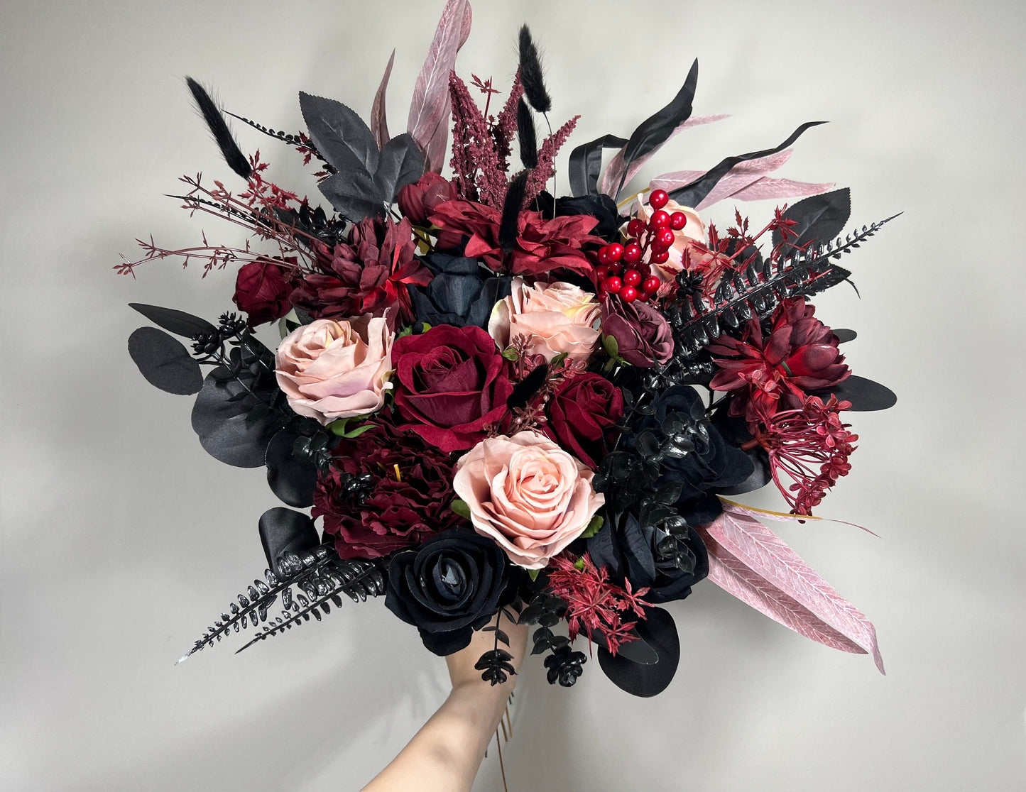 Wedding Bouquet Black Burgundy Gothic Bridal Dusty Rose Halloween Bouquet Black Decor Burgundy Eucalyptus Artificial Flower Bridesmaid