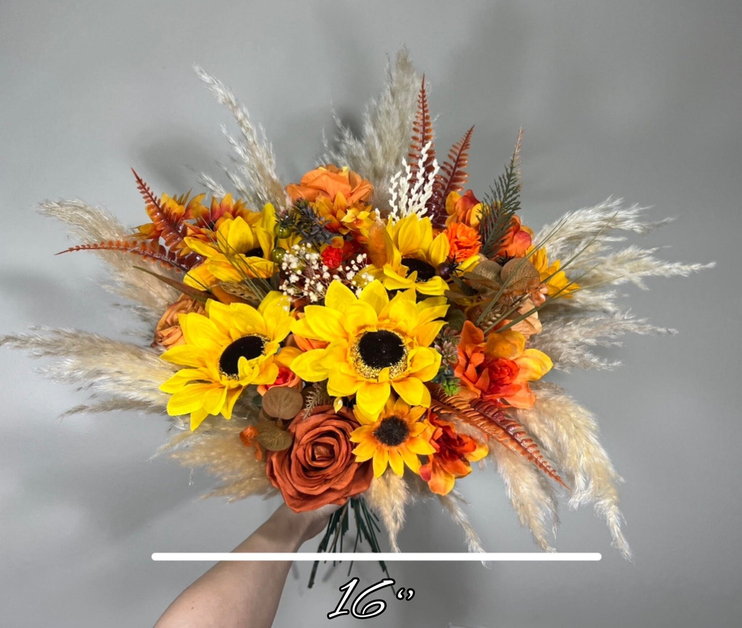 Wedding Bouquet Sunflower Boho Burnt Orange Bridal Terracotta Fall Decor Rust Sunflower Artificial Flowers Dried Pampas Grass Baby Breath