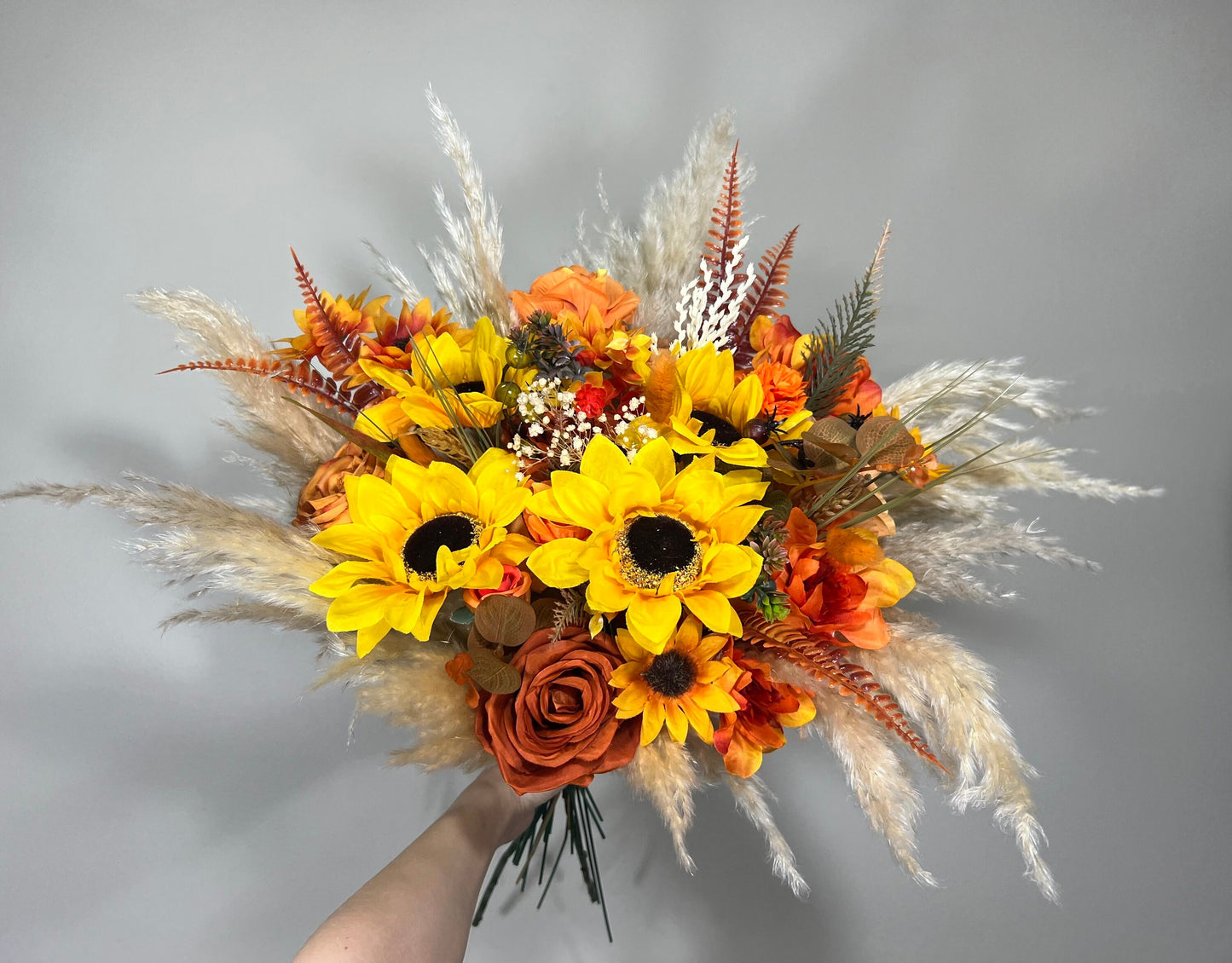 Wedding Bouquet Sunflower Boho Burnt Orange Bridal Terracotta Fall Decor Rust Sunflower Artificial Flowers Dried Pampas Grass Baby Breath