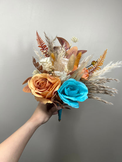 Wedding Turquoise Bouquet Terracotta Boho Bridal Rust Wedding Teal Cascading Bouquet Burnt Orange Cinnamon Decor Artificial Flower Fall