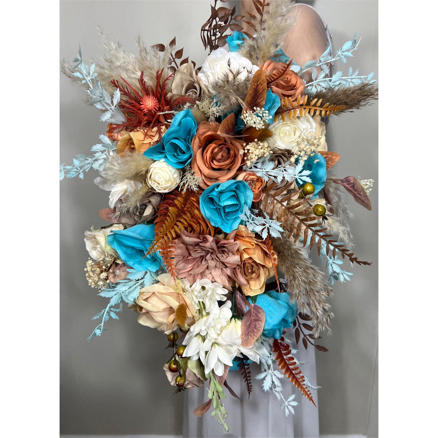 Wedding Turquoise Bouquet Terracotta Boho Bridal Rust Wedding Teal Cascading Bouquet Burnt Orange Cinnamon Decor Artificial Flower Fall