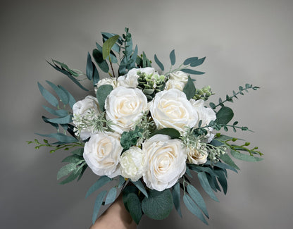 Wedding Bouquet White Bridal Ivory Bouquet Classic Sage Eucalyptus Greenery Bridesmaids Decor Bouquet White Handmade Artificial Flowers