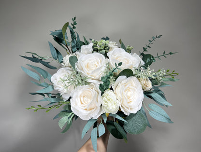 Wedding Bouquet White Bridal Ivory Bouquet Classic Sage Eucalyptus Greenery Bridesmaids Decor Bouquet White Handmade Artificial Flowers