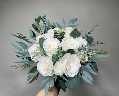 Wedding Bouquet White Bridal Ivory Bouquet Classic Sage Eucalyptus Greenery Bridesmaids Decor Bouquet White Handmade Artificial Flowers